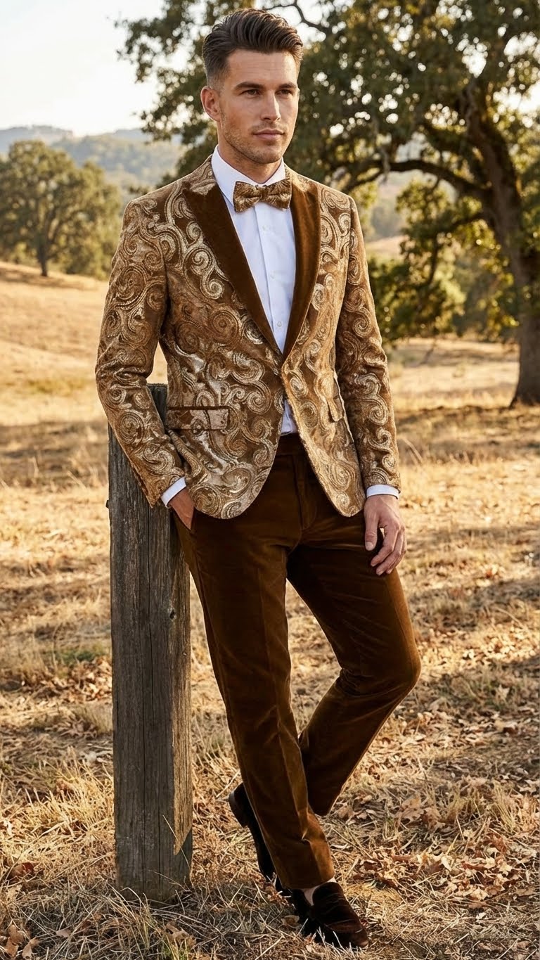 Goldish-brown men's tuxedo jacket. Embroidered blazer with swirling patterns, textured shiny fabric, brown velvet shawl collar. Paired with dark brown trousers for a cohesive look.