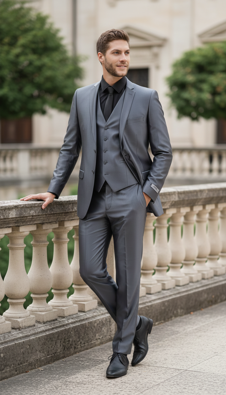 Men's dark grey, shiny two-piece suit. Slim-fit formal jacket and tailored pants. Smooth, glossy fabric with a structured, elegant fit.
