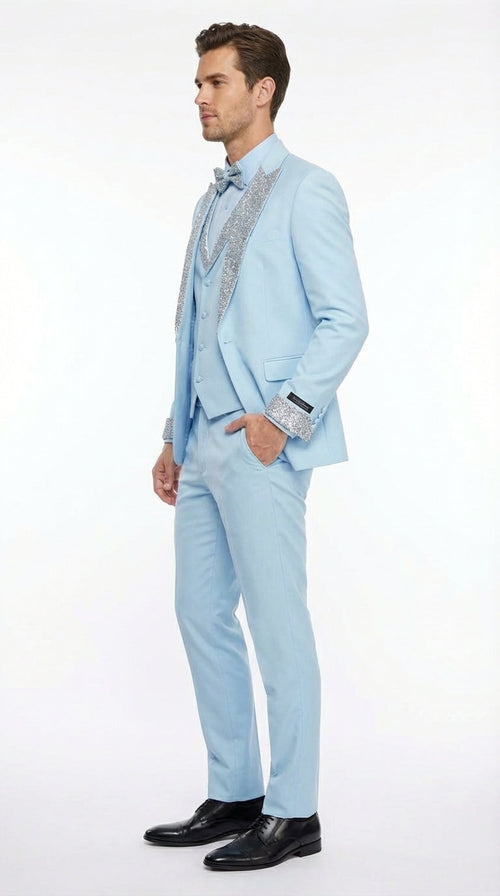 Men’s Light Blue Suit with Silver Glitter Lapel – Light Blue Formal Tuxedo Suit for Prom, Wedding and Special Occasion Wear in Sky Baby Blue