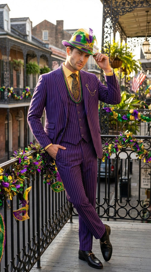 Men’s Purple Pinstripe Mardi Gras Suit | Three Piece Carnival Formal Suit with Vest