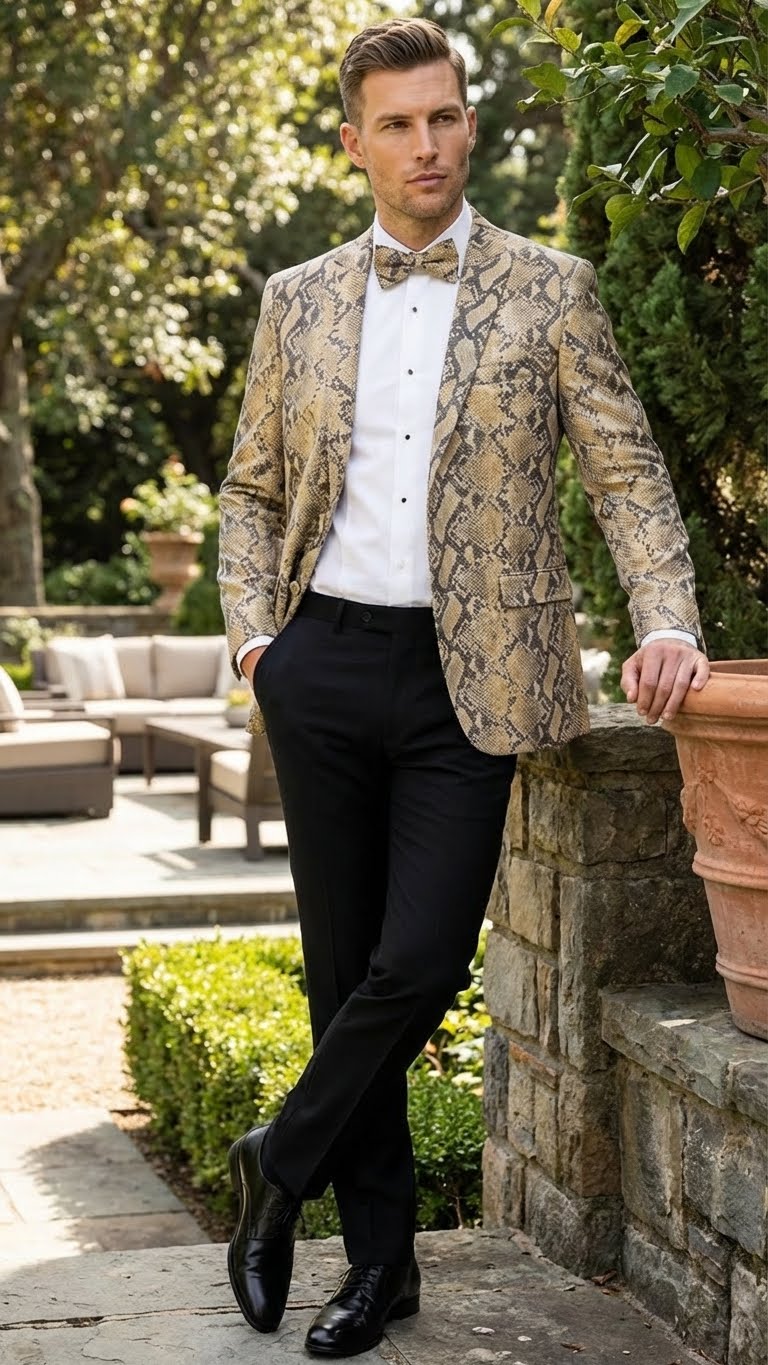 Alberto Nardoni men's blazer in beige and black snakeskin print. Fitted, single-breasted design with notched lapels and two front pockets. Paired with a white shirt and bow tie.