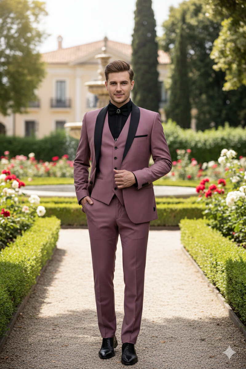 Men's Rose Pink Tuxedo Suit â Luxury Three-Piece Formal Wear with Black Satin Lapel Dusty Mauve Color