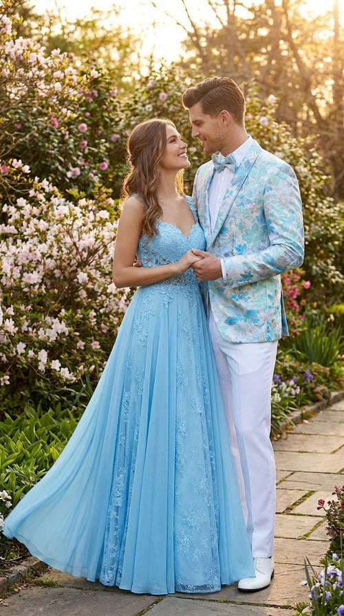 Men’s Light Blue Floral Jacquard Tuxedo Jacket with Matching Bow Tie | Formal Prom Wedding Blazer + Bowtie Turqoise Aqua Color
