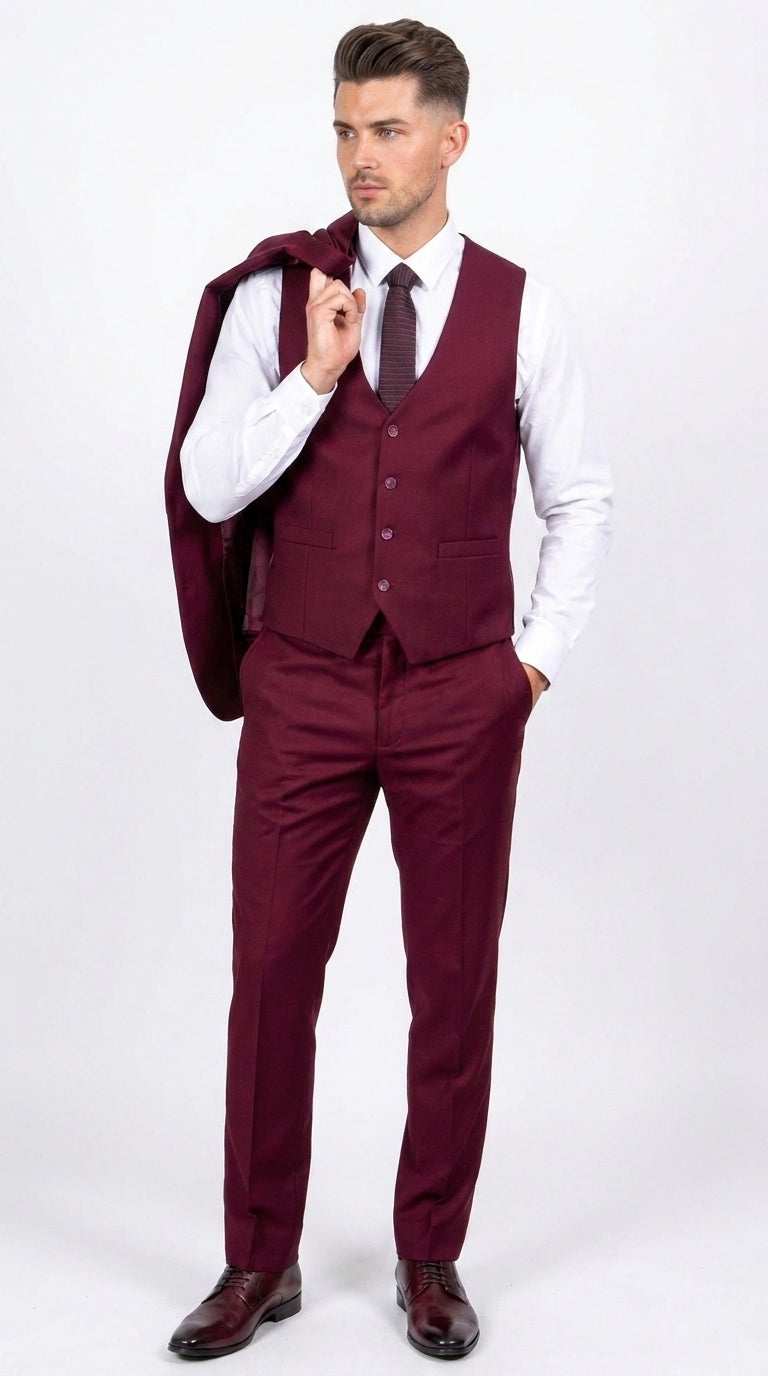 Men’s Stacy Adams Brand Burgundy 3 Piece Suit – Two Button Vested Style church wedding Modern Fit Suit