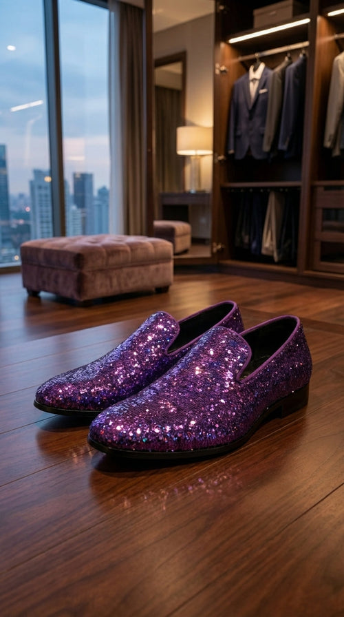 Mens Purple Sequin Dress Shoes Slip on – Luxury Slip On Formal Loafers Wedding Prom Party Designer Footwear
