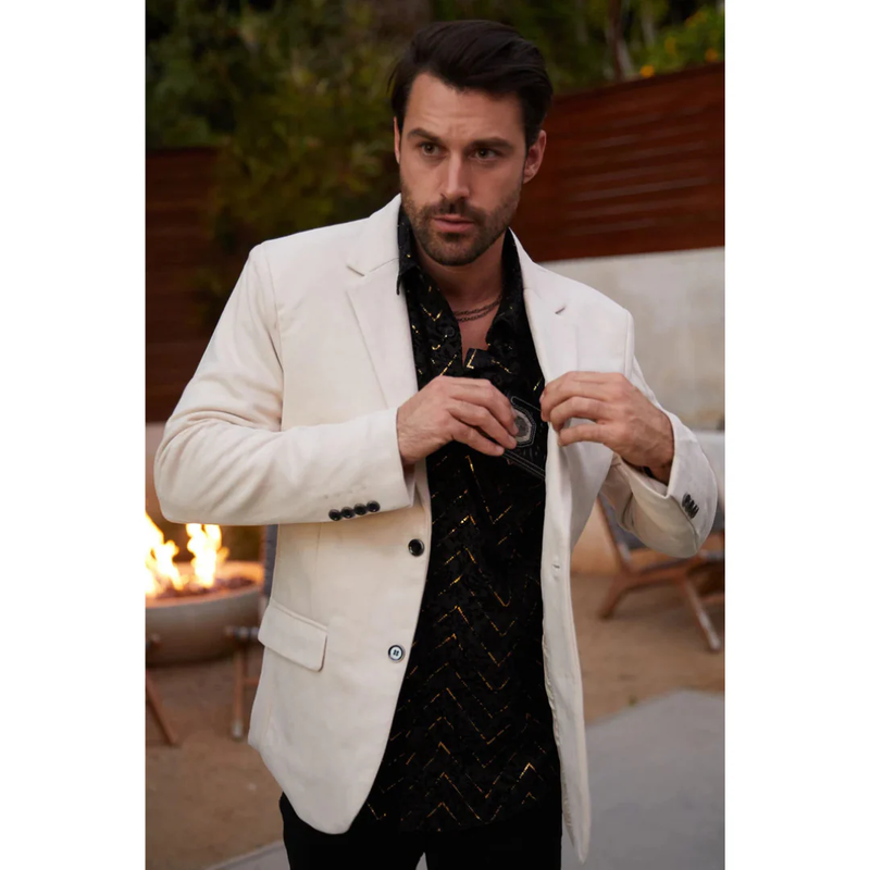 Mens Double Button Faux Suede Blazer - Off White