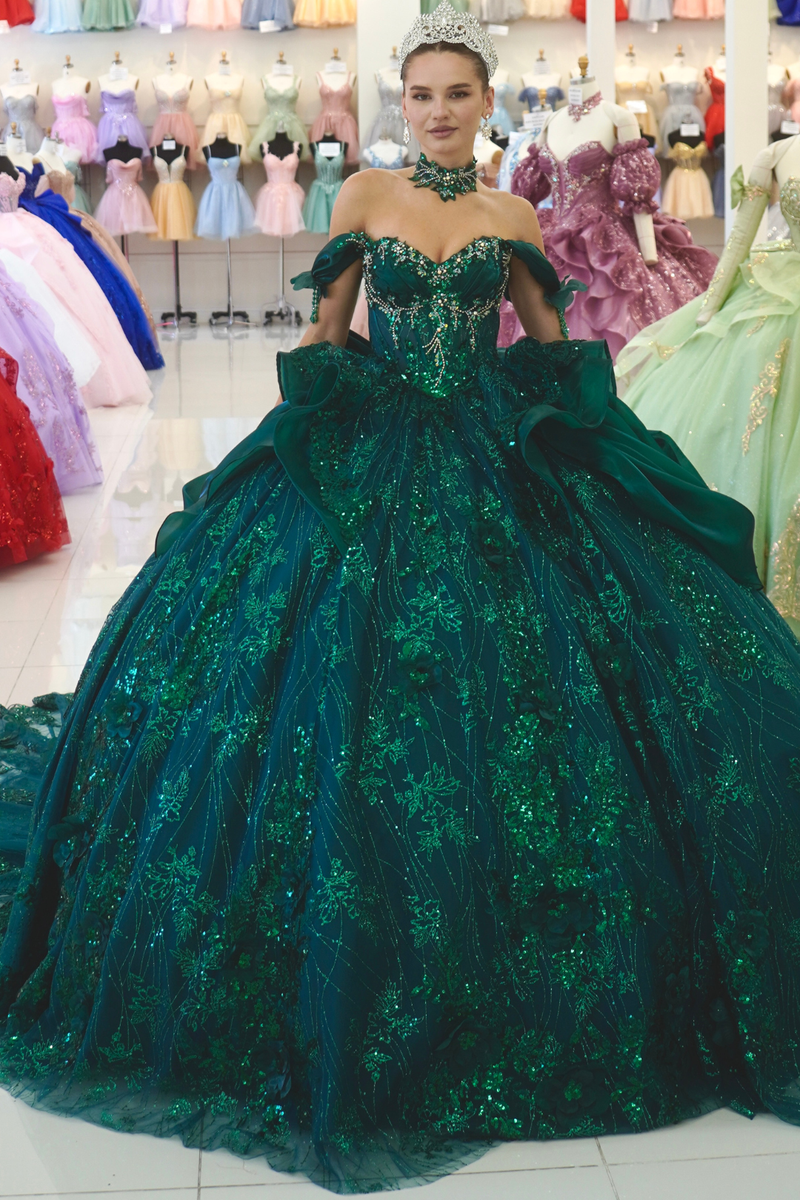 Off-Shoulder Sweetheart Beaded Corset Glitter Ball Gown QuinceaƱera Dress by Layla K LK313