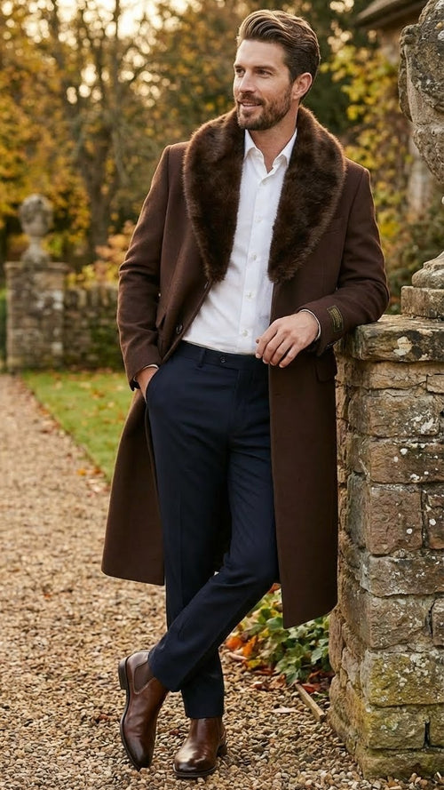 Men's tailored, mid-length brown overcoat with a faux fur collar. Features a single-breasted front, large lapels, and a structured silhouette. Knee-length design. Dense fabric in rich, deep brown.