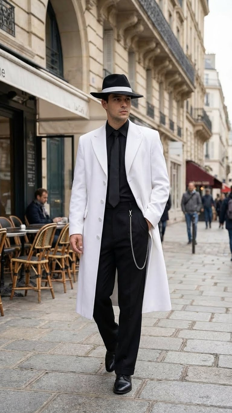 Mens White Long Zoot Style Suit | Vintage Gangster Mafia Formal Coat with Black Pants