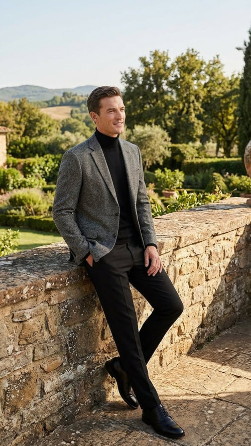 Men's grey tweed herringbone sport coat. Notched lapel, two front pockets, and tailored fit. Textured wool blend in grey shades.