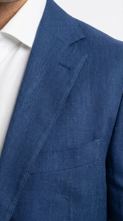 Mens Enzo Tovare Denim Blue Linen Summer Suit – Breathable Two Piece Suit for Wedding, Business, Travel