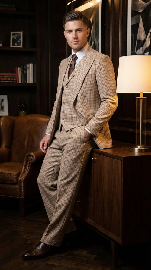 Men’s Beige tan Checkered Three Piece Suit with Classic Fit Wide Leg Pleated Pants by Rossiman khaki color