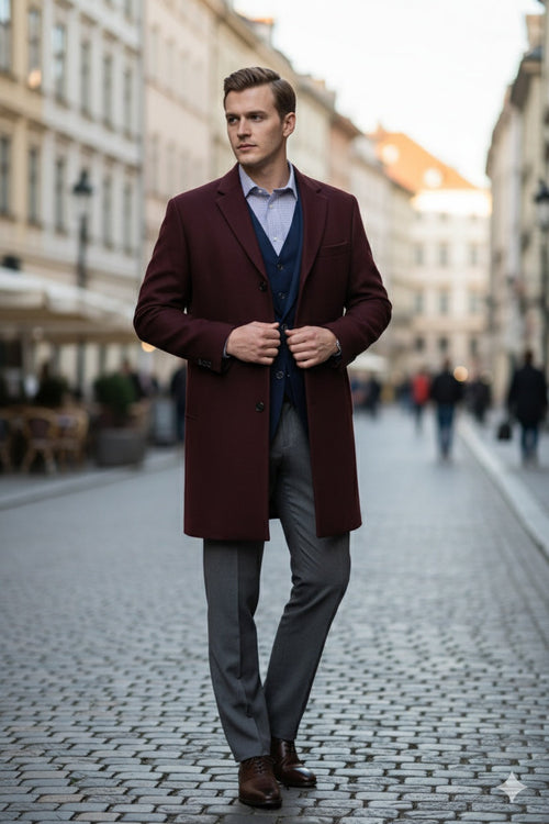 Men’s Burgundy Wool and Cashmere Car Coat – Classic Winter Topcoat for Business and Formal Wear