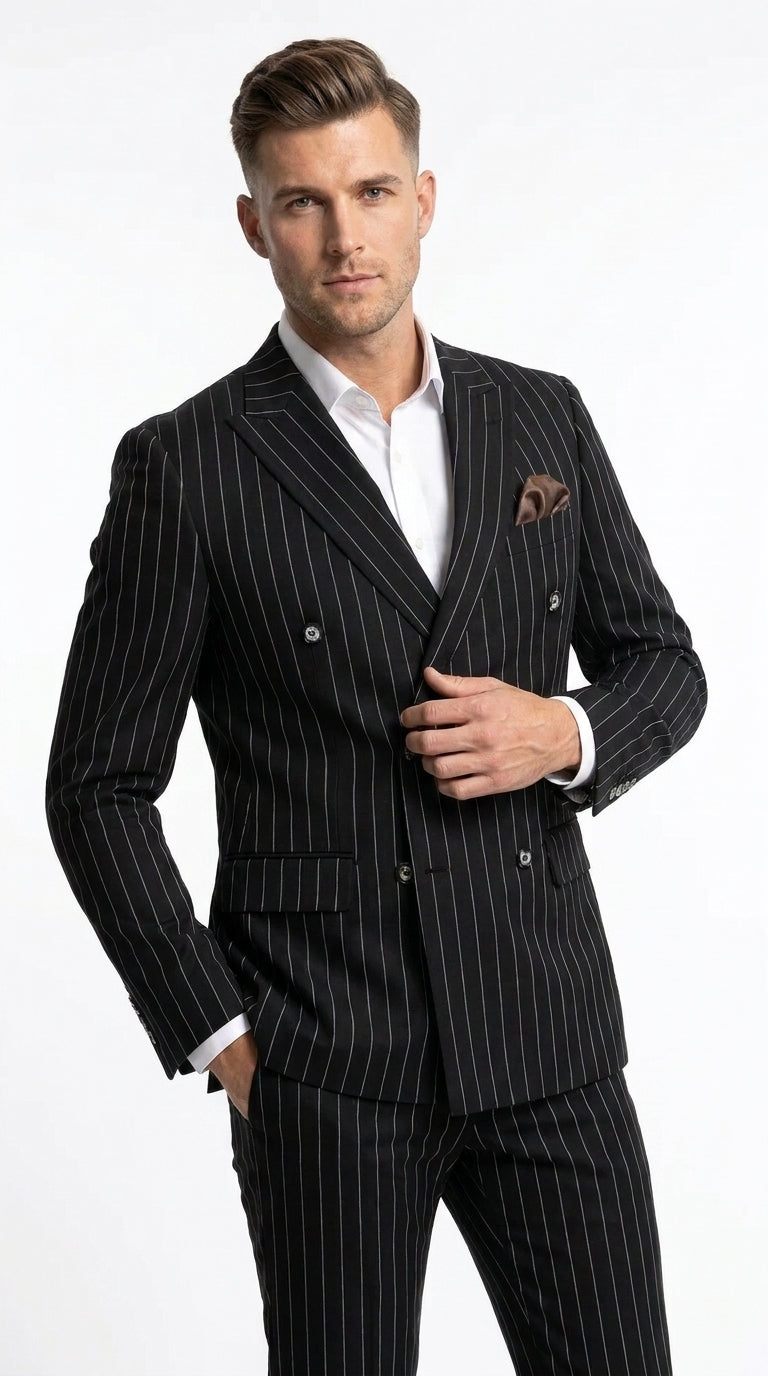 Men's Black Pinstripe Tuxedo Suit ā Classic & 1920s Gangster Formal Wear Vintage 1940s 1930s Look