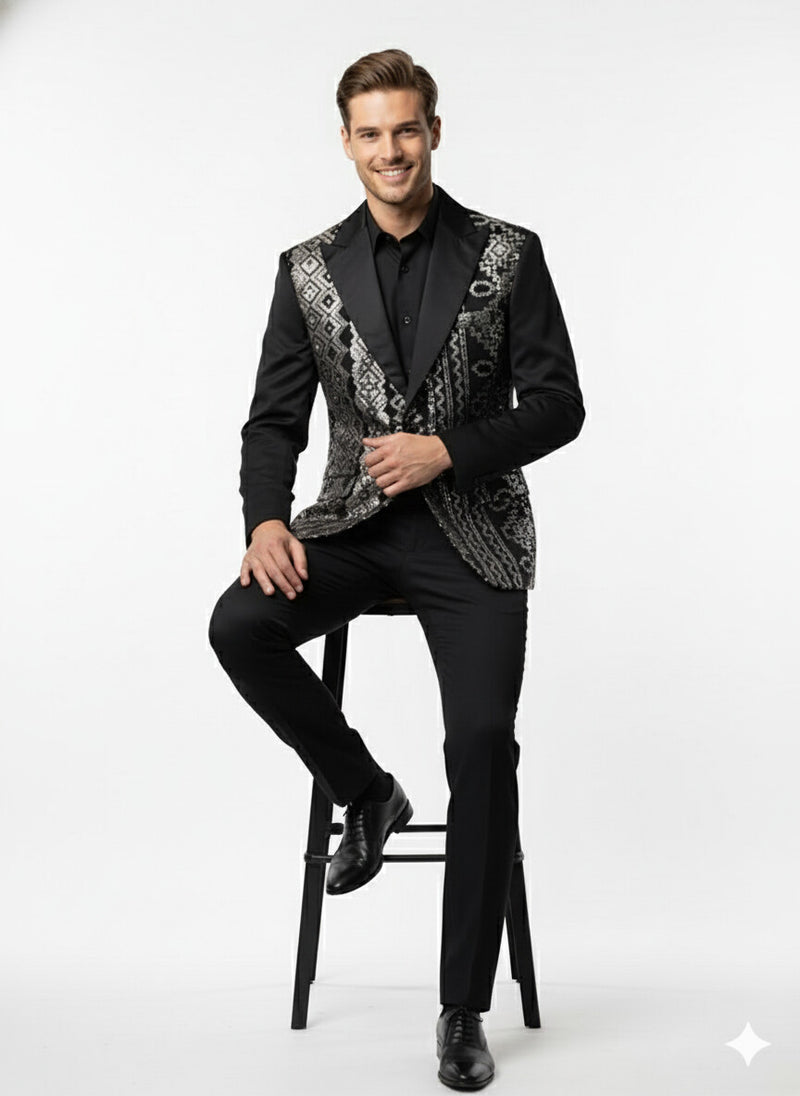 Mens Black and White and Silver Sequin Embroidered Blazer - Luxury Designer Party Wear with Geometric Detailing