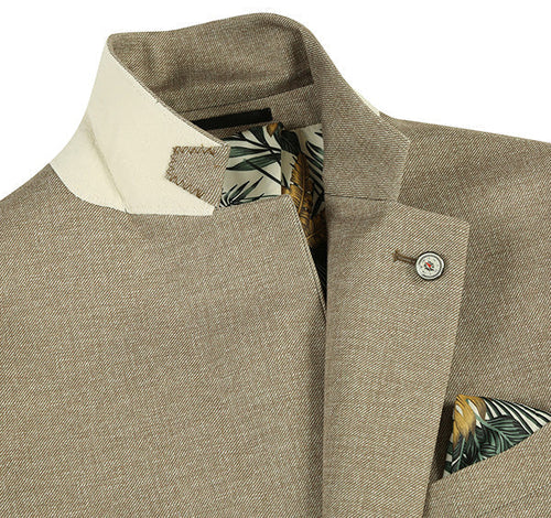 Khaki slim-fit blazer with a structured, contrasting collar and textured weave. Features a button, patterned inner lining (foliage), and a matching pocket square. Half canvas construction.