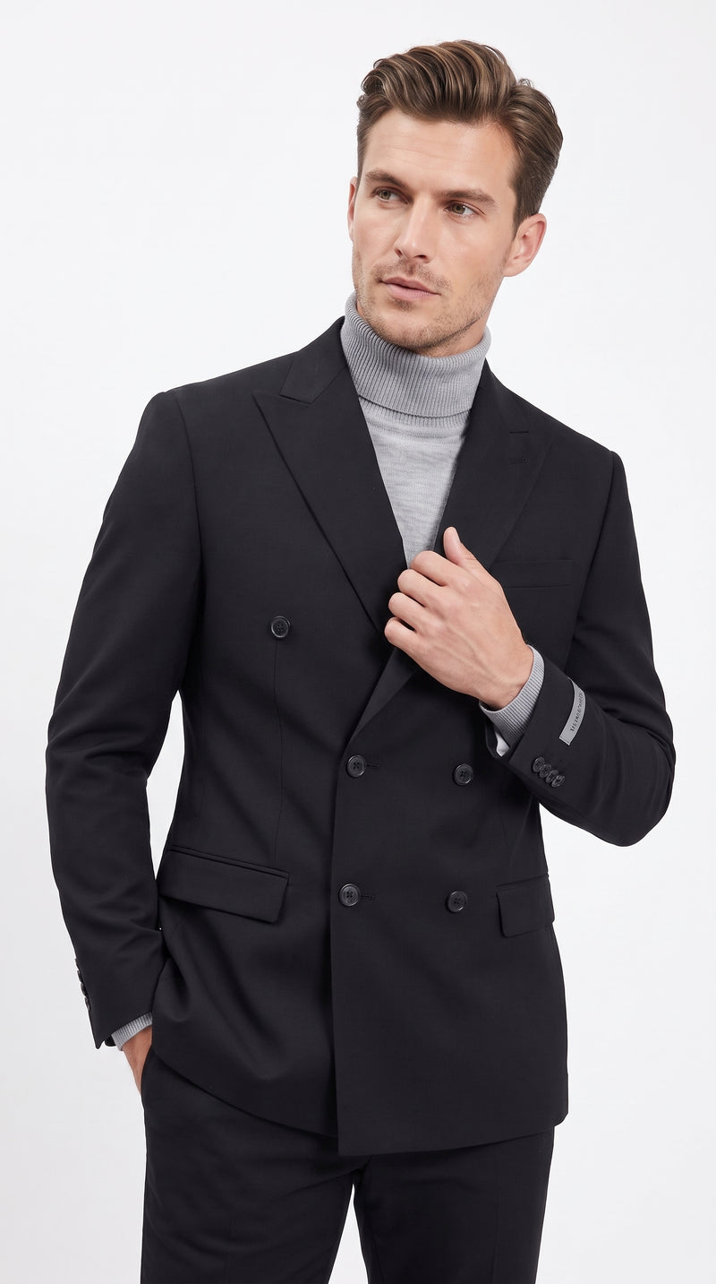 Men's Designer Stacy Adams Classic Double Breasted Suit in Black Peak Lapel Slim fit