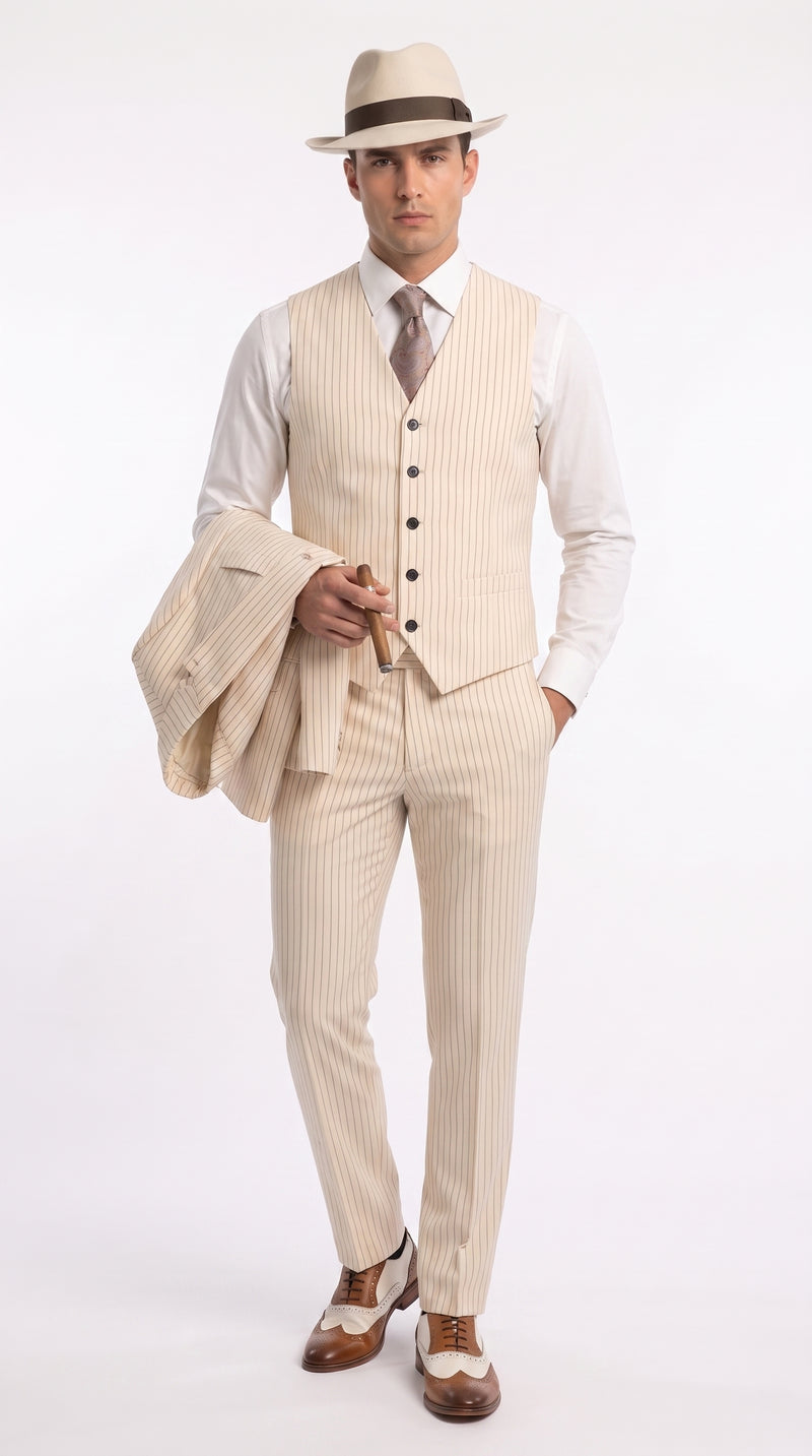 Men’s Ivory Cream Pinstripe 3-Piece Suit – 1920s Gangster Gatsby Wedding and Formal Suit