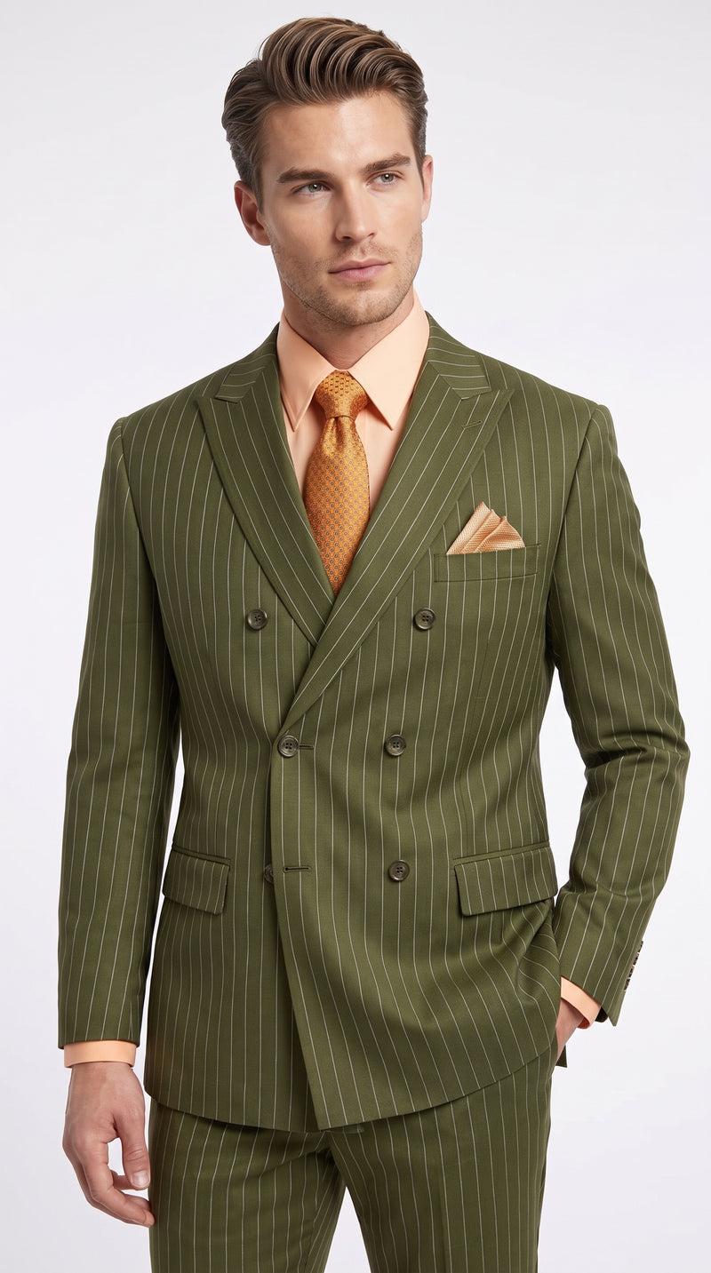 Men’s Olive Green Pinstripe Double-Breasted Suit – Classic Wedding, Business and Formal Suit