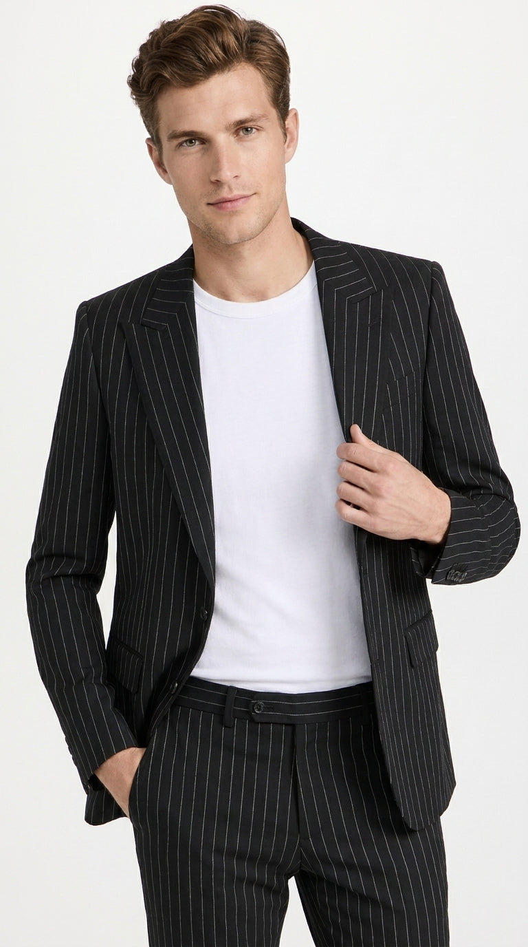 Men’s Black Pinstripe 2-Piece Tuxedo Suit – Two-Button Jacket and Matching Formal Pants