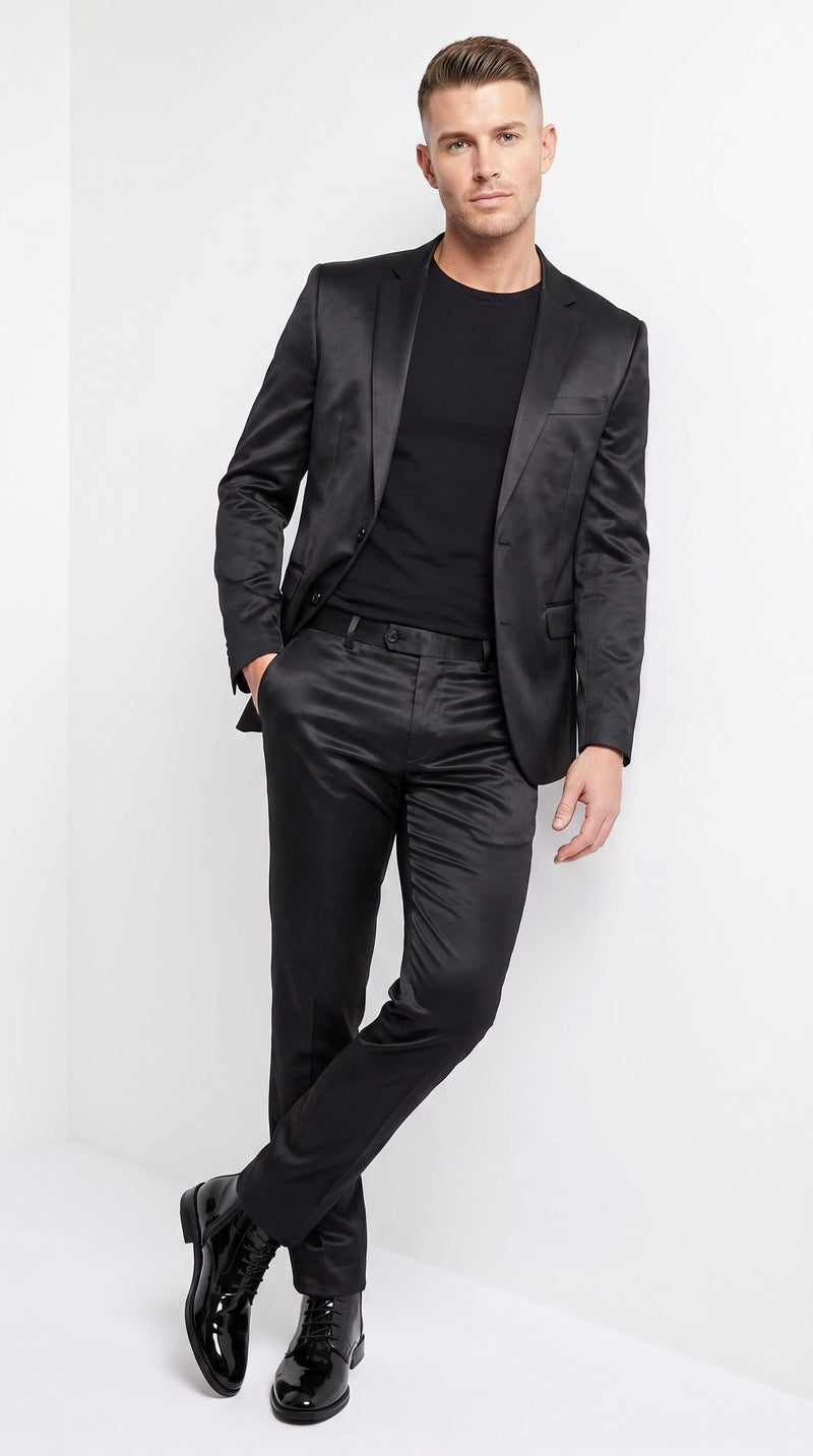 Men’s Black Shiny Sharkskin 2 Piece Suit, Formal Wedding Prom Party Dress Suit