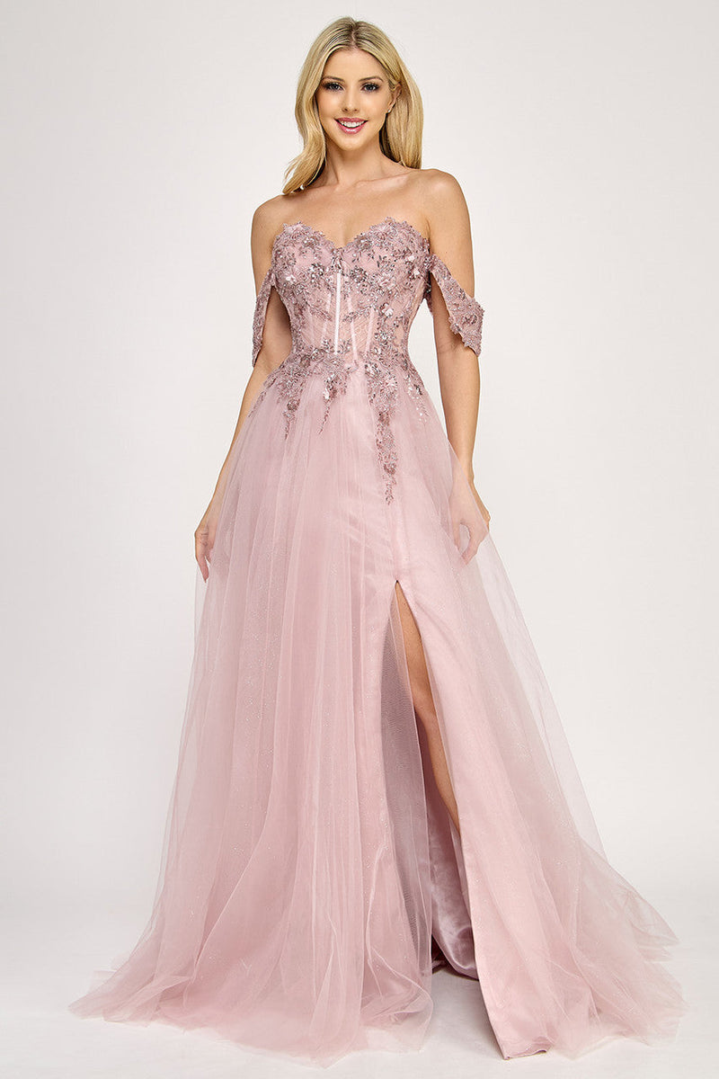 Lenovia 8399 Embroidered Mesh Strapless Off-Shoulder A-line Dress