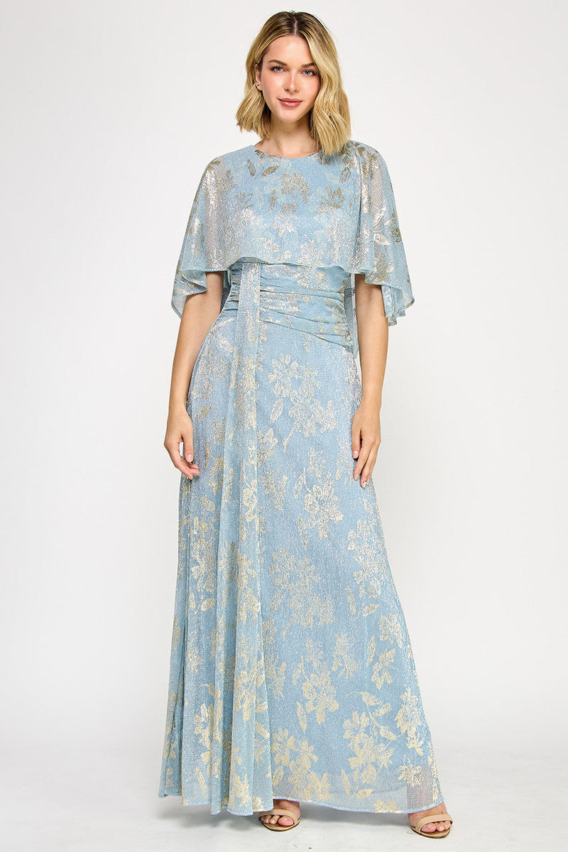 Lenovia 5330 Metallic Floral Foil Poncho Cape Bonded Dress with Fitted Skirt