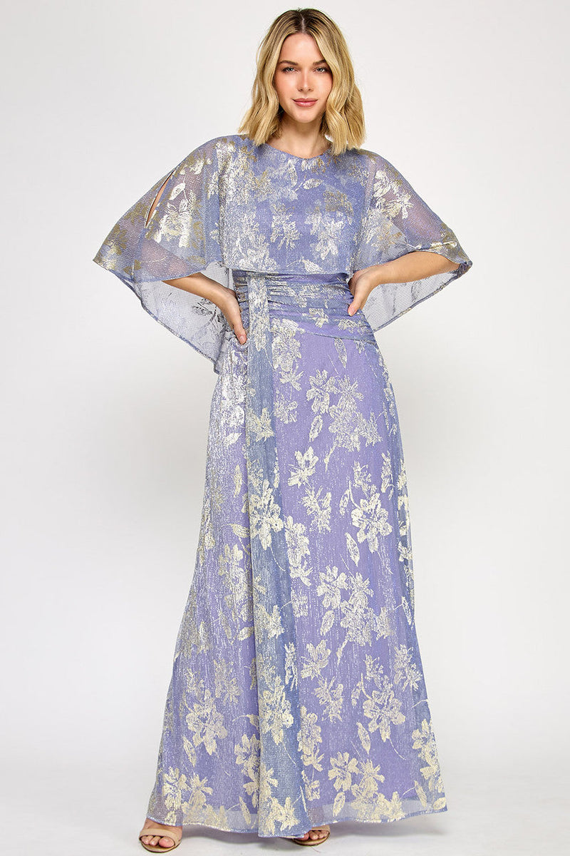 Lenovia 5330 Metallic Floral Foil Poncho Cape Bonded Dress with Fitted Skirt