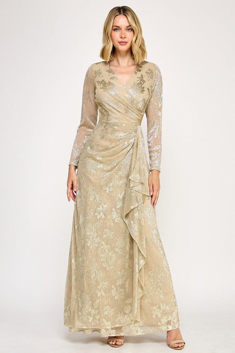 Lenovia 5333 Foil Floral Wrap Bonded Dress with Sheer Sleeves