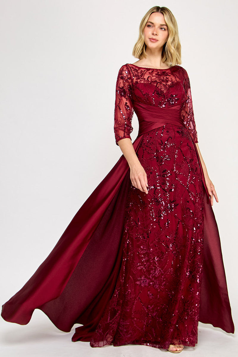 Lenovia 8355 Embroidered 3/4 Sleeve Sateen & Sequin Mother of the Bride Dress