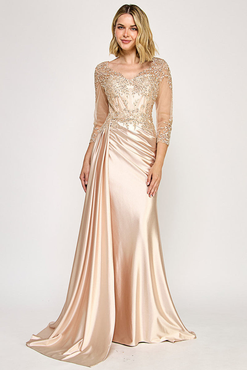 Elegant Lace Bodice Mother of the Bride Dress with 3/4 Sleeves V-Neck Dress by Lenovia 8366