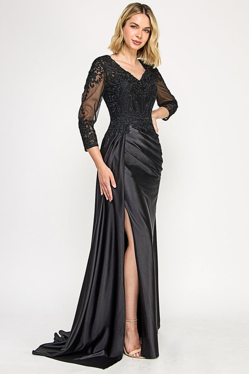 Elegant Lace Bodice Mother of the Bride Dress with 3/4 Sleeves V-Neck Dress by Lenovia 8366