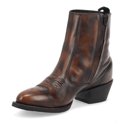 Laredo men's Fletcher boot in brown leather. Rounded toe, side zip for easy wear. Textured leather upper with stitching details. Moderate heel, smooth finish, classic cowboy style.