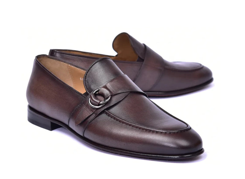 Corrente 6628 Leather Slip-On Side Buckle Loafer - Brown - Brown - Size 13