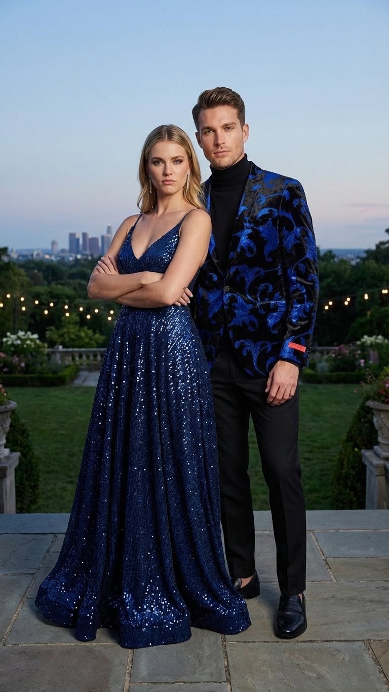 Men's black and royal blue patterned blazer features a structured fit with a shawl collar, made from a textured fabric. The blazer showcases a swirling blue pattern against a black background.