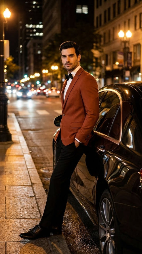 Alberto Nardoni men's blazer in brick copper rust. Tailored fit, structured shoulders, single-breasted. Notched lapels, front pockets. Smooth fabric with a subtle sheen for a sophisticated look.