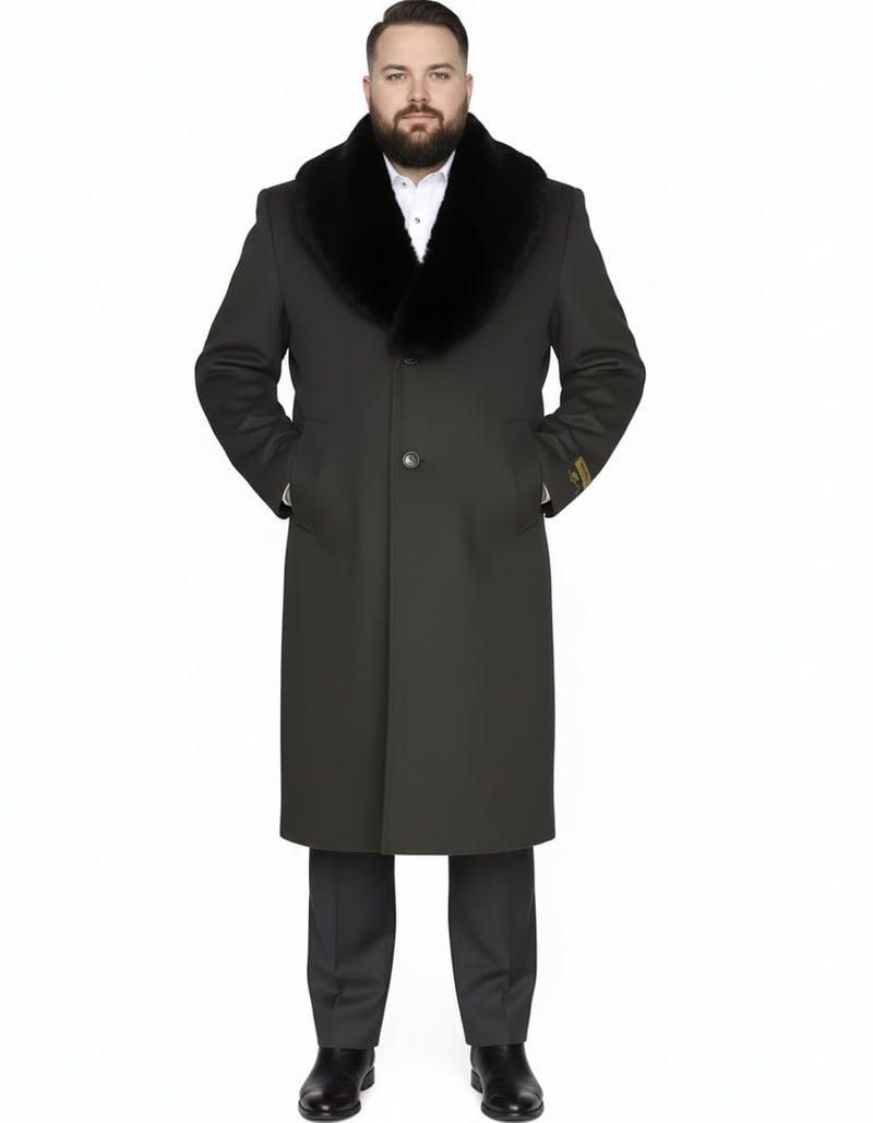 Olive green men's overcoat with black fur collar. Luxury wool, straight silhouette, single-button closure, side pockets, tailored fit.