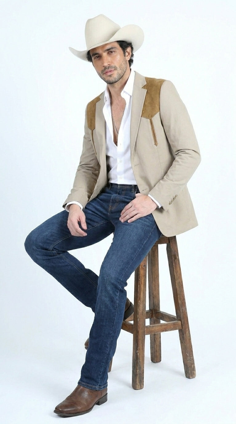 Men’s Khaki Western Blazer with Suede Yokes, Cowboy Sport Coat , Ranch and Country Events in Tan Khaki Color By Platini