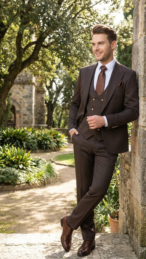 Alberto Nardoni men's 3-piece suit: Chocolate brown, textured fabric. Includes fitted, double-breasted vest, tailored jacket (slender silhouette) & matching trousers. Brown tie & pocket square complete the look.
