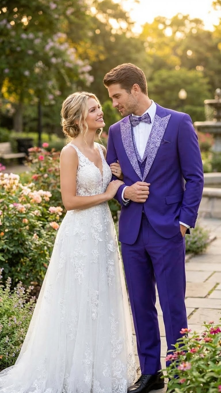 Men's purple & white embellished tuxedo suit. Fitted single-breasted jacket with silver lapel & bow tie. Matching purple trousers complete the look.