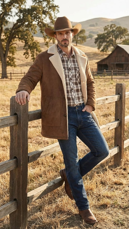 Men’s brown western faux suede blazer coat by Alberto Nardoni features a relaxed shape with a button closure, two front pockets, and a contrasting lighter-toned collar and lining.