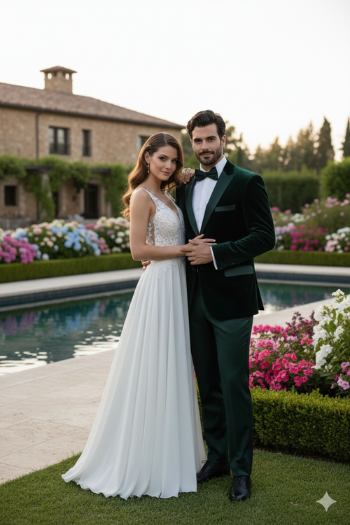 Alberto Nardoni men's dark green velvet tuxedo jacket. Fitted, structural lapels, single-button. Plush, shiny fabric. Tailored sleeves, black satin pocket square. Elegant formal style.