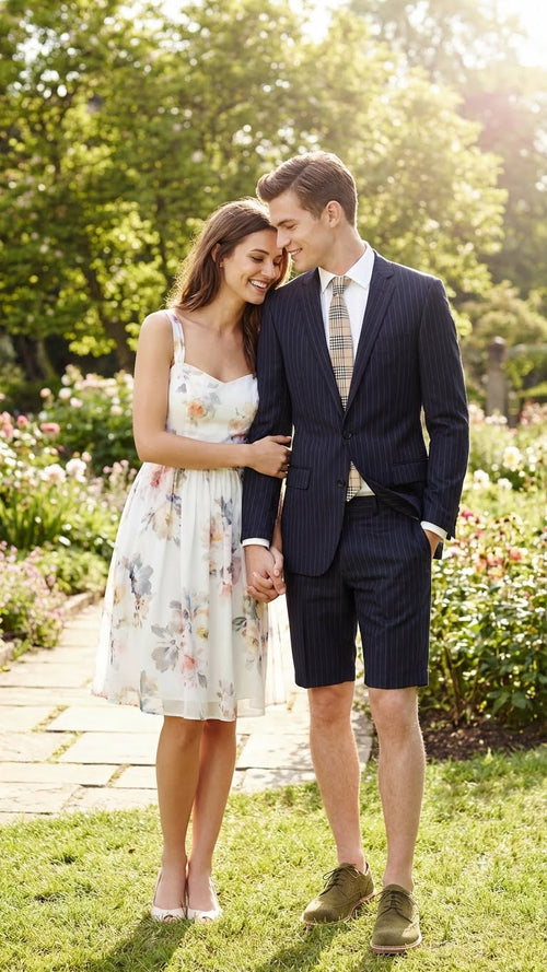 Men’s summer business suit set featuring dark navy blue pinstripes, tailored short pants, and a fitted blazer with a single button closure, made from lightweight fabric.