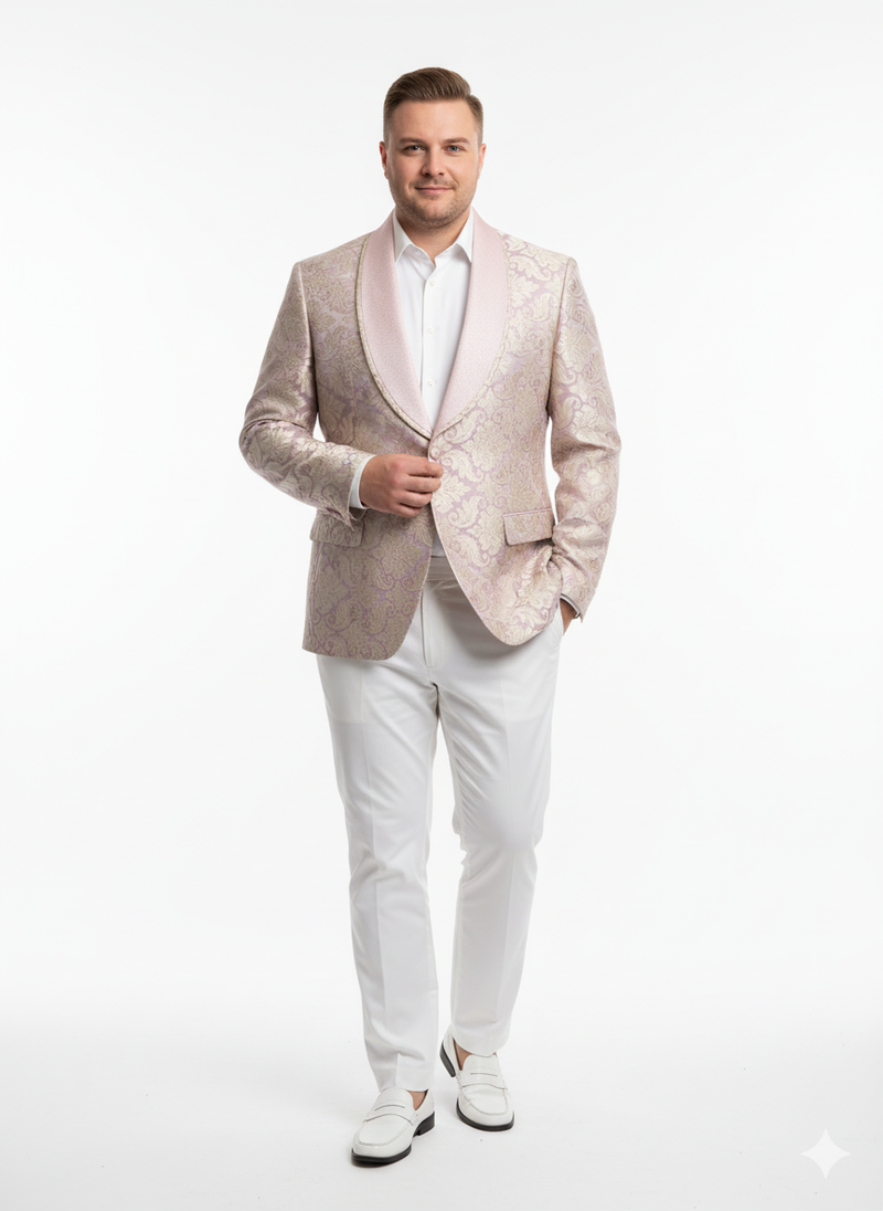 Lavender and gold men's tuxedo with embroidered floral pattern on a lilac mauve blazer and shawl collar. Textured fabric, paired with white trousers.