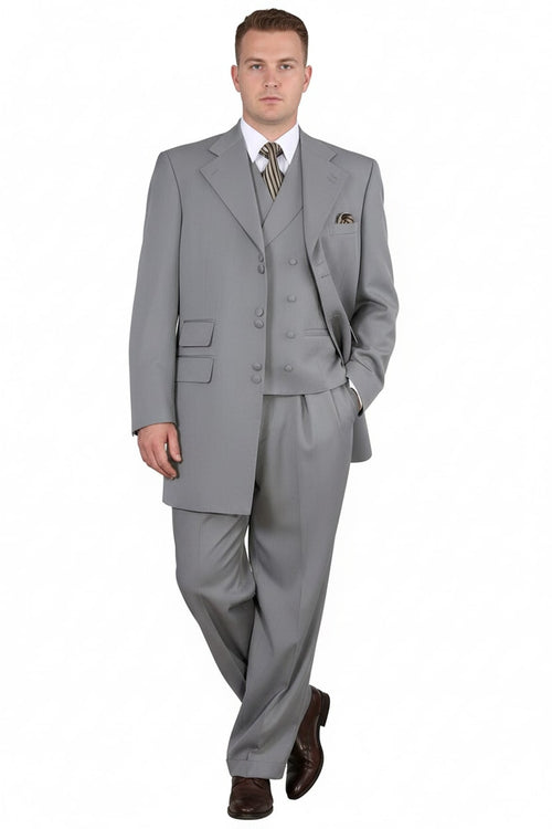 Light gray three-piece zoot suit. Oversized jacket, notched lapels, matching vest, and wide-leg trousers. Smooth fabric with subtle pinstripes.