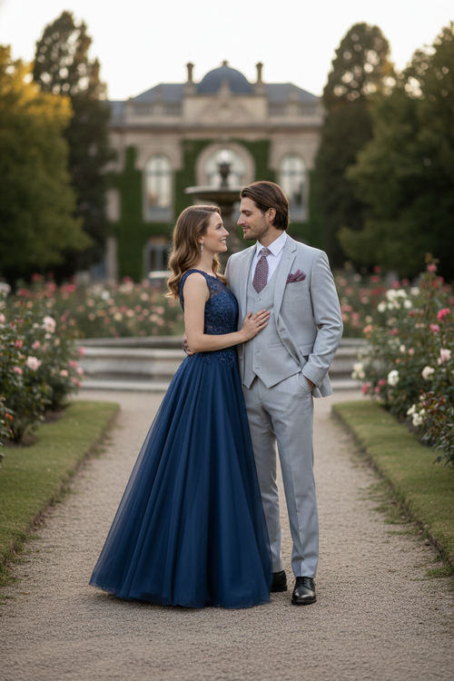 Men's light gray three-piece wedding suit with a modern cut. Features a two-button jacket, matching vest, and trousers. Smooth fabric with subtle sheen, sharp lapels, and tailored seams for a structured silhouette.