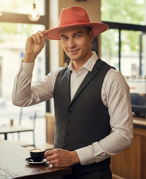 Men's coral pink wool felt fedora with a wide brim. It has a rounded crown and a red ribbon band. Stylish and warm.
