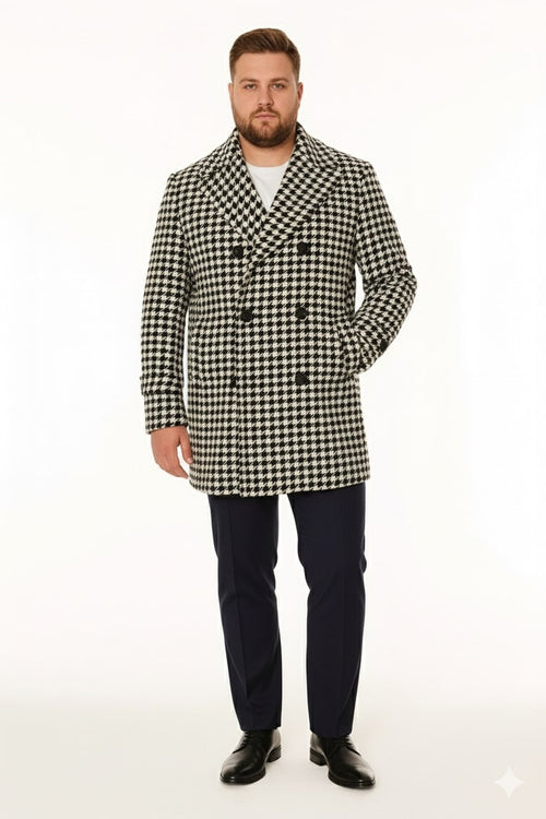 Men's houndstooth overcoat in black & white wool blend. Double-breasted with wide collar & black buttons. Structured, tailored fit with a prominent checkered pattern.