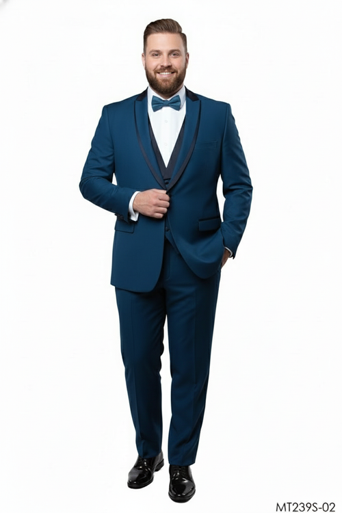Teal blue 3-piece men's tuxedo. Features a tailored jacket with peak lapel, single-button closure, and chest pocket, along with matching waistcoat and straight-leg trousers. Smooth, slightly glossy fabric. A sleek, formal design.