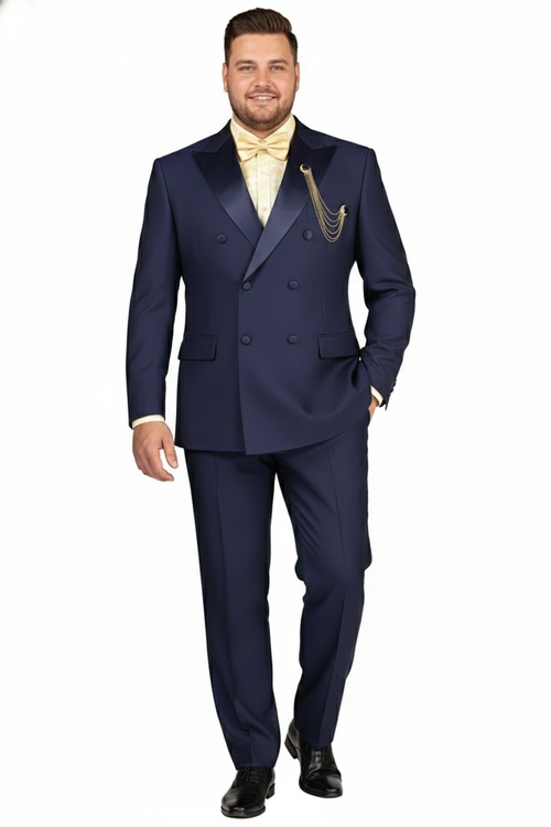 Navy double-breasted tuxedo for men. Features navy satin peak lapel and structured fit. Includes matching trousers. Complete the look with black shoes.